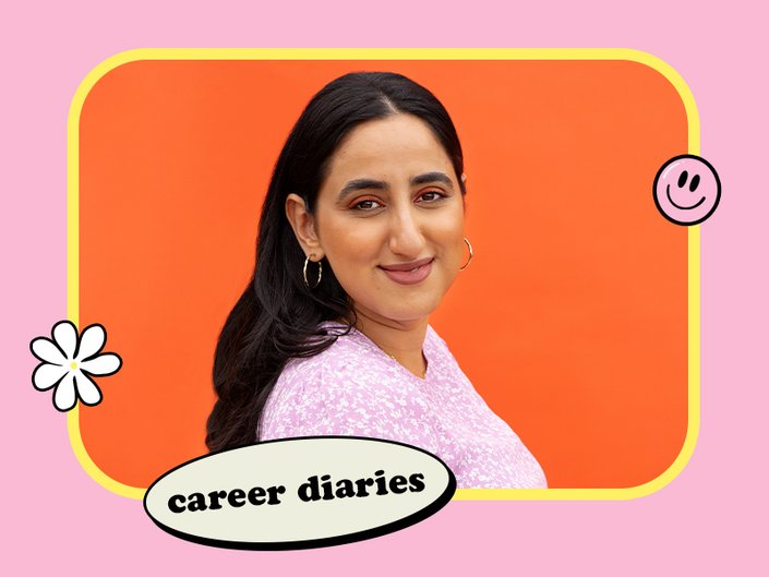 Priyanka Ganjoo of Kulfi with pink and orange background with a sticker that says "Career Diaries"