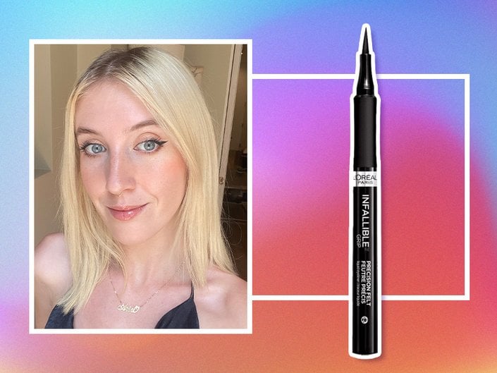 Image of person wearing winged eyeliner next to image of L'Oréal Paris Infallible Grip 30H Precision Felt Liner on rainbow graphic background