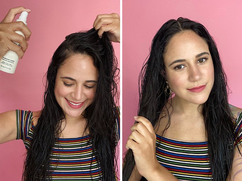 side by side images of person applying hair products to wet hair