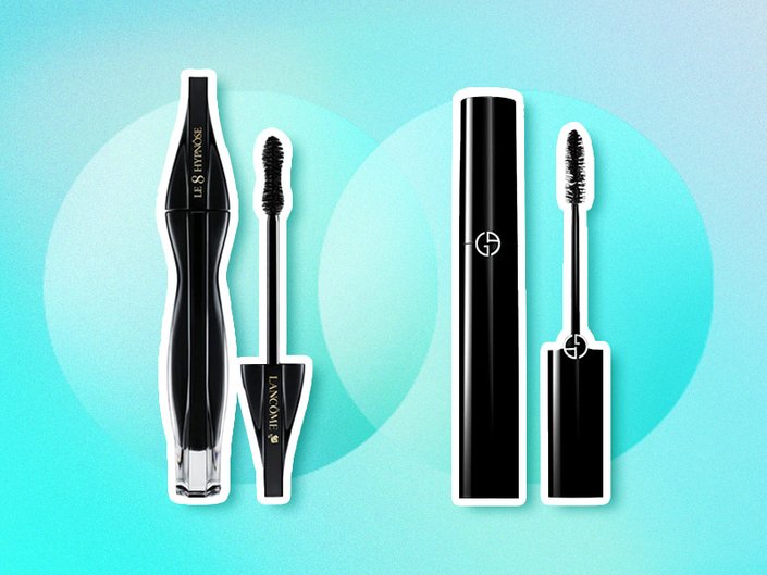 Image of the Lancôme Le 8 Hypnôse Mascara and the Giorgio Armani Beauty Eyes to Kill Classico Mascara on a blue gradient background