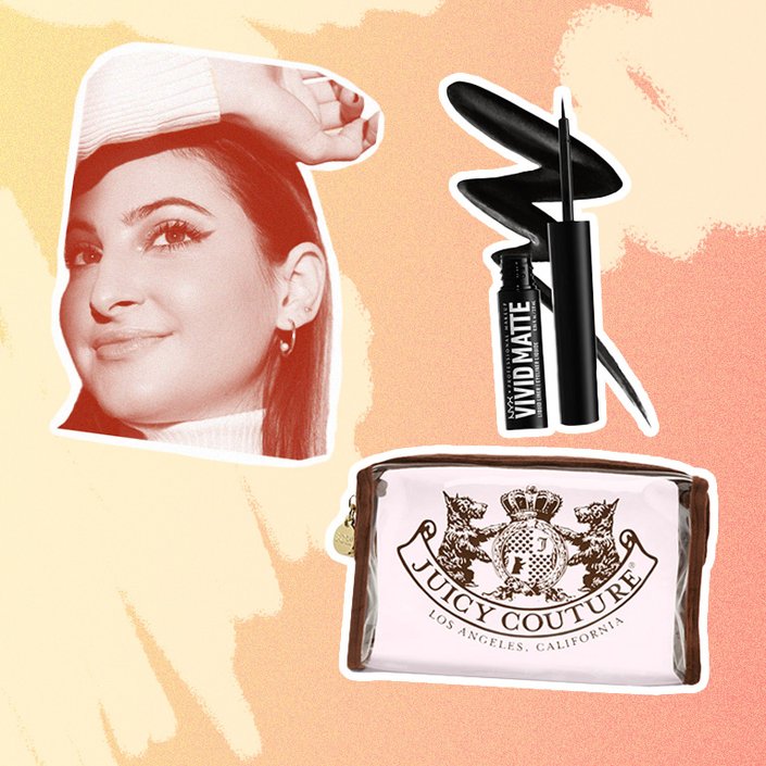 person collaged on an orange background with a nyx matte liner and a juicy couture makeup bag