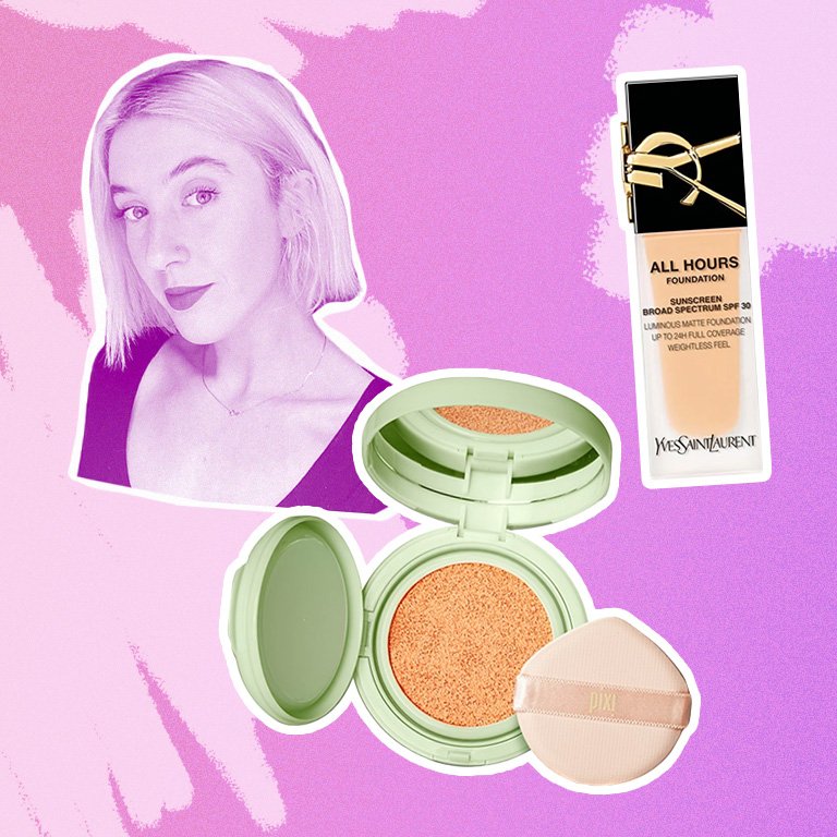 person collaged on a pink background with a pixi compact and ysl all hours foundation