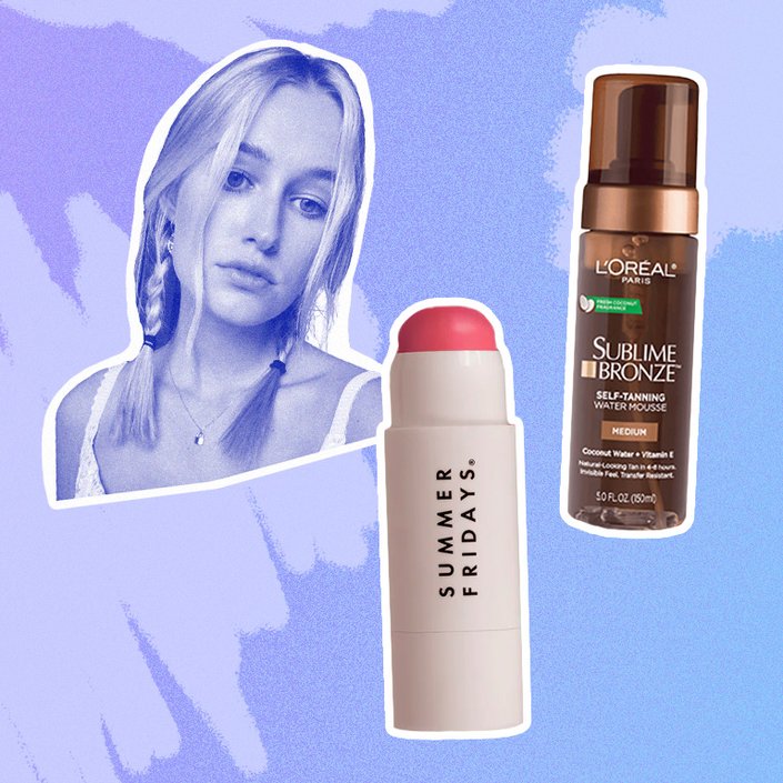 person collaged on a blue background with summer fridays lip and cheek stick and loreal paris bronzing mousse tanner