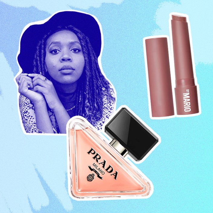person collaged on a blue background with prada perfume and makeup by mario lipstick