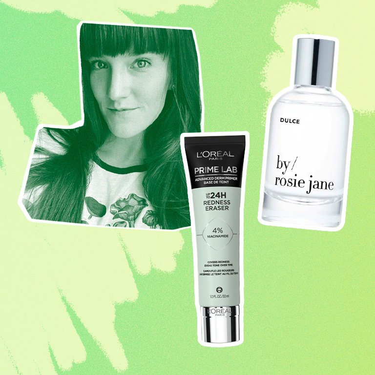 person collaged on a green background with loreal paris primer and by rosie jane perfume