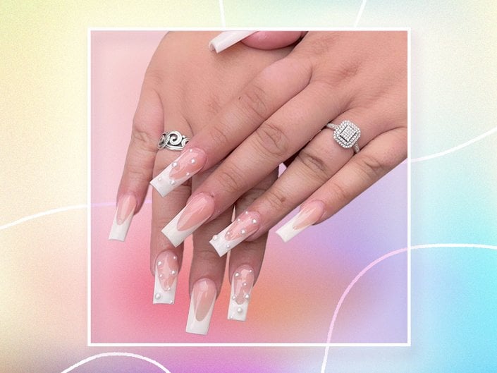 XL French Tip nails with bejeweled outlines