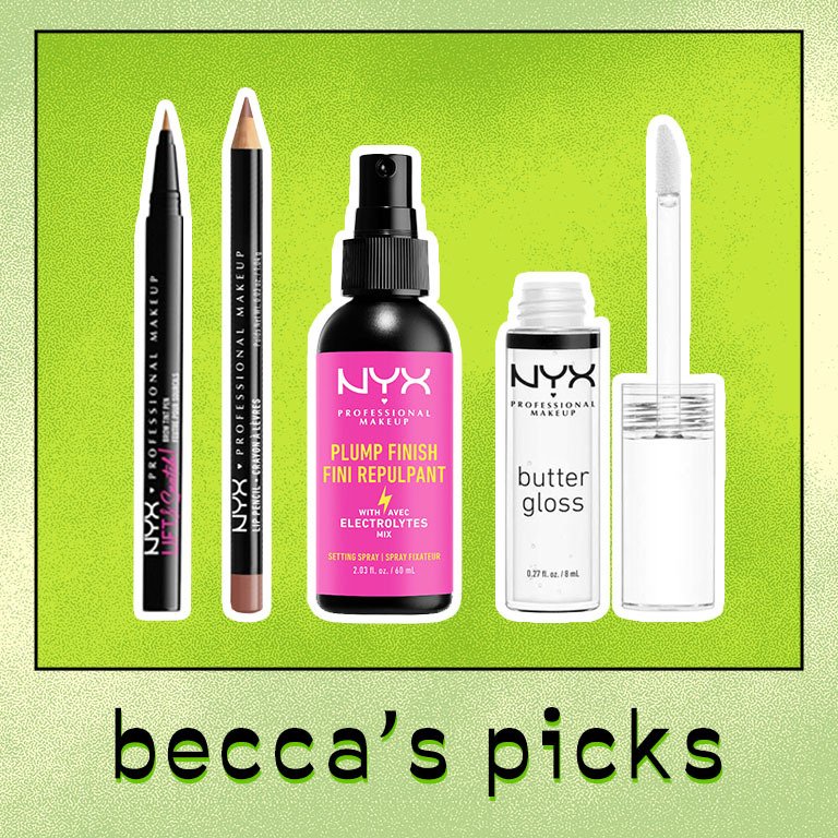 Image of the NYX Professional Makeup Lift & Snatch! Brow Tint Pen, NYX Professional Makeup Slim Lip Pencil in Mauve, NYX Professional Makeup Plump Finish Setting Spray and Butter Gloss in Sugar Glass on a green background, with the words "becca's picks" written underneath
