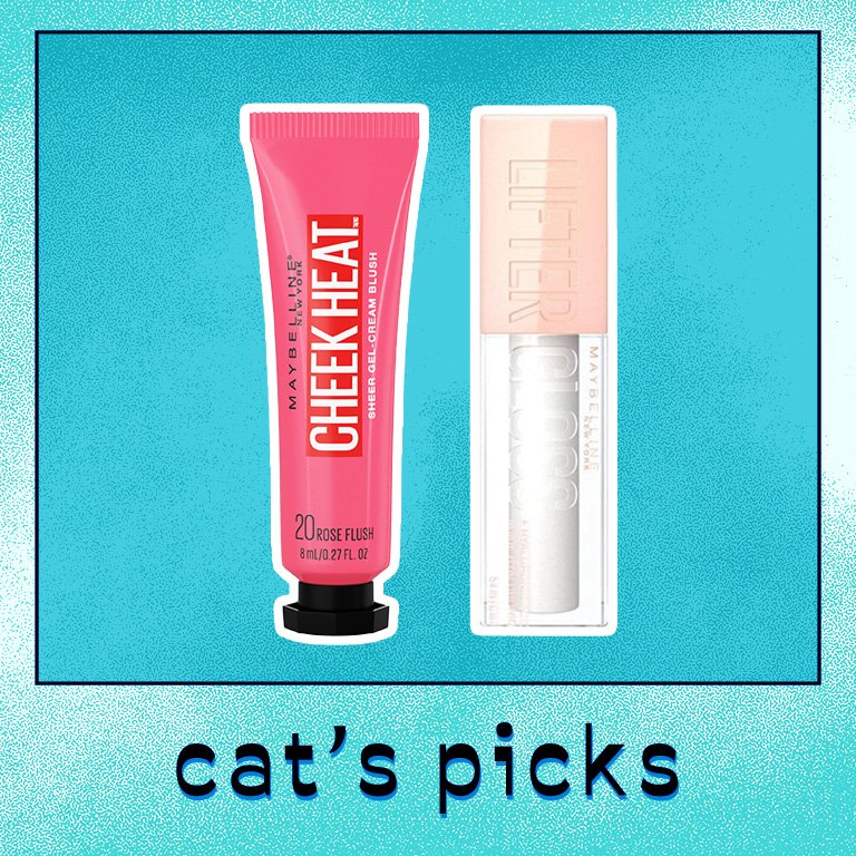 Image of the Maybelline New York Cheek Heat Gel-Cream Blush in Rose Flush and the Maybelline New York Lip Lifter Gloss in Pearl on a bright blue background with the words "cat's picks" underneath