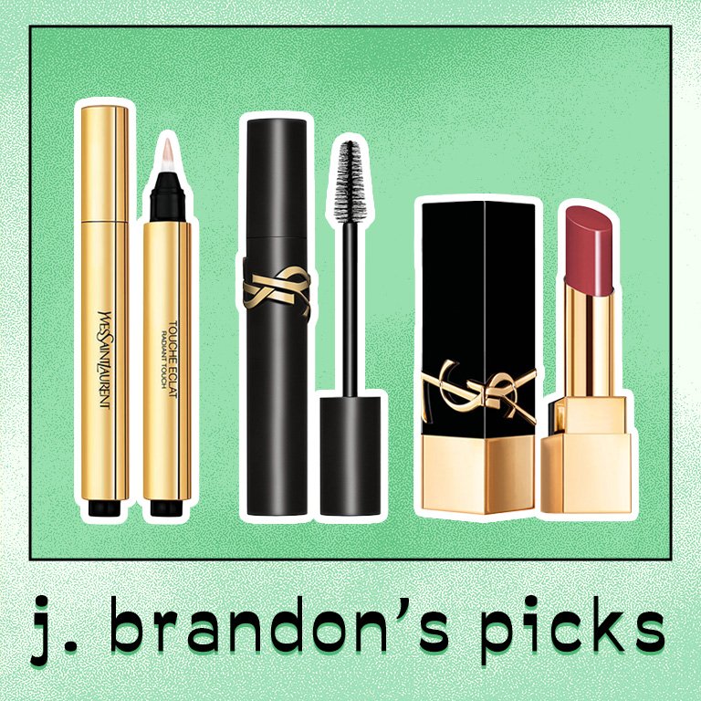 Image of the YSL Beauty Touche Eclat All Over Brightening Pen, Lash Clash Extreme Volume Mascara and The Bold High Pigment Lipstick in #6 Reignited Amber on a green background with the words "j.brandon's picks" underneath