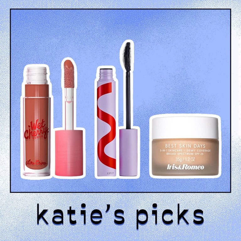 image of the Lime Crime Wet Cherry Lip Gloss in Better Cherry, Tower28 MakeWaves Lengthening + Volumizing Mascara and Iris & Romeo’s Best Skin Days on a light blue background with the words "katie's picks" underneath