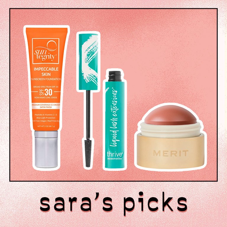Image of the Suntegrity Impossible Skin Broad Spectrum Spectrum SPF 30, Thrive Causemetics Liquid Lash Extensions Mascara and Merit Flush Balm Cream Blush in Beverly Hills on a salmon background with the words "sara's picks" underneath