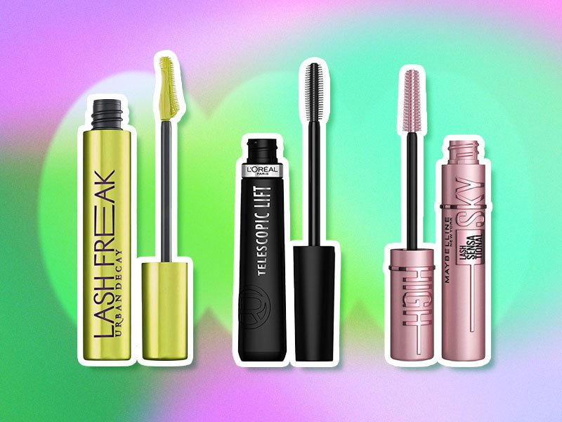 photo of Urban Decay, L'Oreal, and Maybelline mascaras on rainbow background
