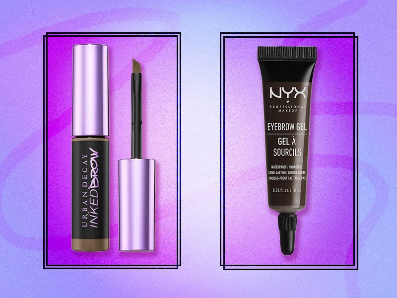 Photo of Urban Decay and NYX eyebrow gel products on a purple background