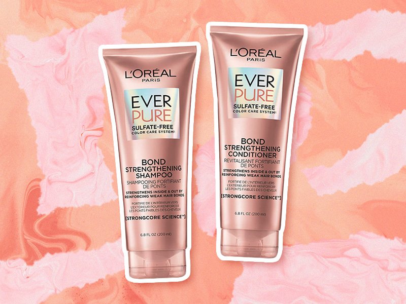 loreal paris ever pure shampoo and conditioner collaged onto a pink background