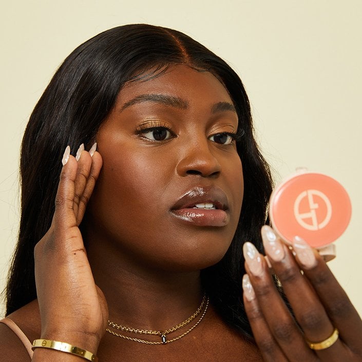 photo of person with natural "no makeup" makeup look with Giorgio Armani blush balm