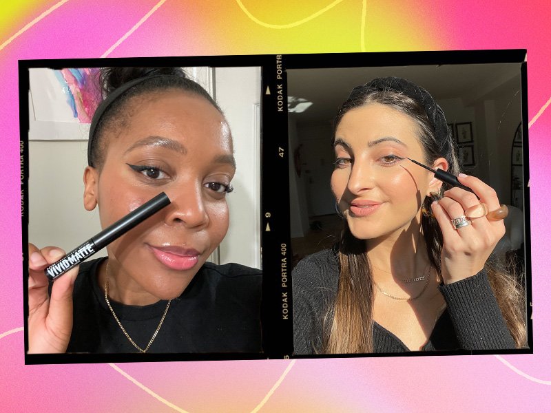 side by side images of editors applying the nyx matte liquid liner