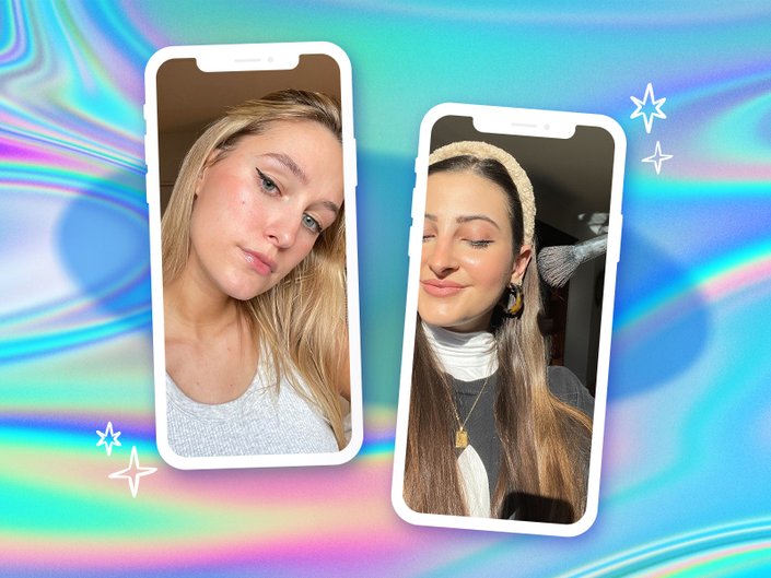Collage of two selfies from Makeup.com editors on a rainbow graphic background; in one photo, the editor has winged eyeliner and in the other the editor is holding a blush brush up to her cheek