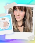 Polaroid-style images of Lancôme Priming Serum and Makeup.com editor Victoria Moorhouse on a colorful background