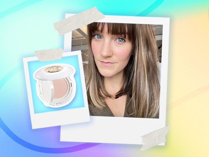 Polaroid-style images of Lancôme Priming Serum and Makeup.com editor Victoria Moorhouse on a colorful background