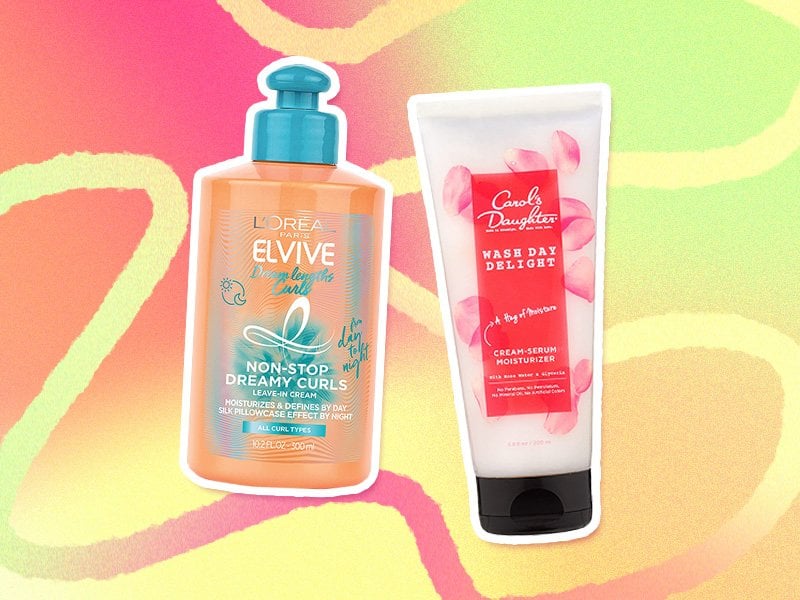 Image of the  L'Oréal Paris Dream Lengths Curls Leave-in Conditioner and the Carol’s Daughter Wash Day Delight Cream Serum Moisturizer on a multicolored graphic background 