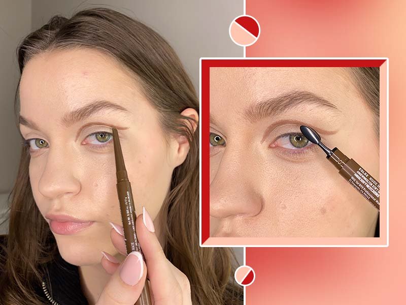 person applying brown eyeliner above eyelid crease
