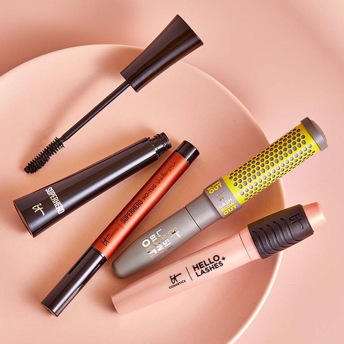 IT Cosmetics Superhero Elastic Stretch Volumizing and Lengthening Mascara, IT Cosmetics Superhero No-Tug Waterproof Eyeshadow Stick, IT Cosmetics Lash Blowout Mascara, IT Cosmetics Hello Lashes+ Volumizing Mascara