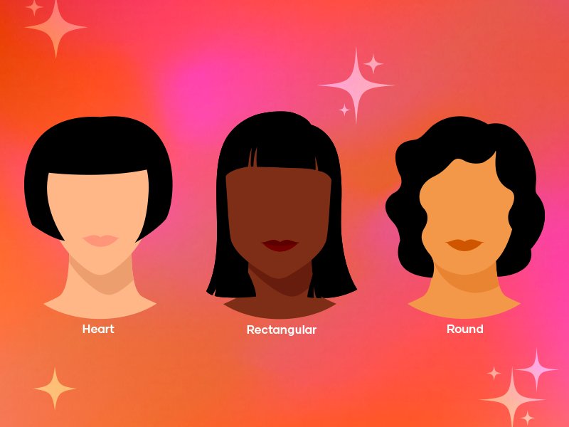 Illustration of three heads with different face shapes and different bob haircuts on a pink and orange background