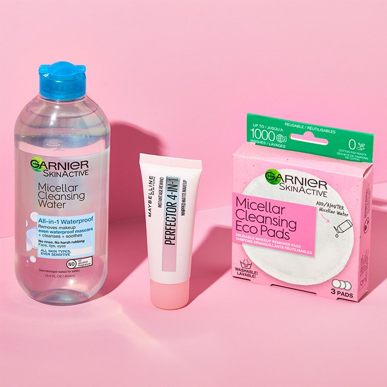 Garnier SkinActive Micellar Cleansing Water, Maybelline New York Instant Age Rewind Instant Perfector 4-in-1 Matte Makeup, Garnier SkinActive Micellar Cleansing Eco Pads