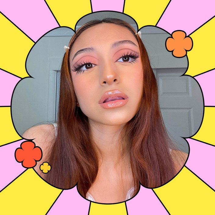 person wearing peach eyeshadow and brown banana-shaped eyeshadow above eye crease
