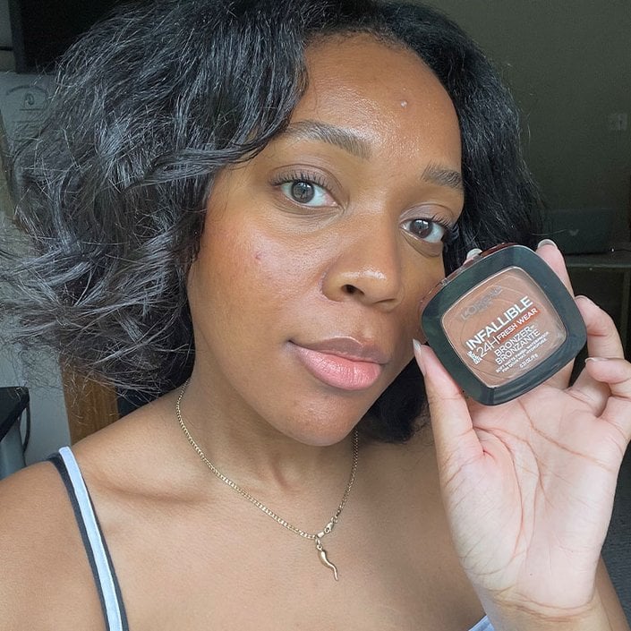 Kat wearing L'Oréal Paris Infallible Up to 24H Fresh Wear Soft Matte Bronzer in Deep Tan