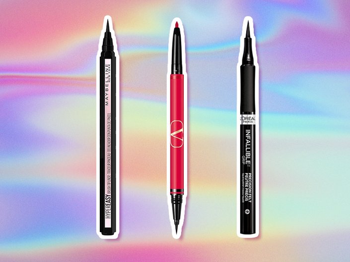 Maybelline New York Eye Studio Hyper Easy Liquid Liner, Valentino Beauty Twin Liner Eyeliner, L’Oréal Paris Infallible Grip Precision Felt Waterproof Eyeliner on graphic pastel background