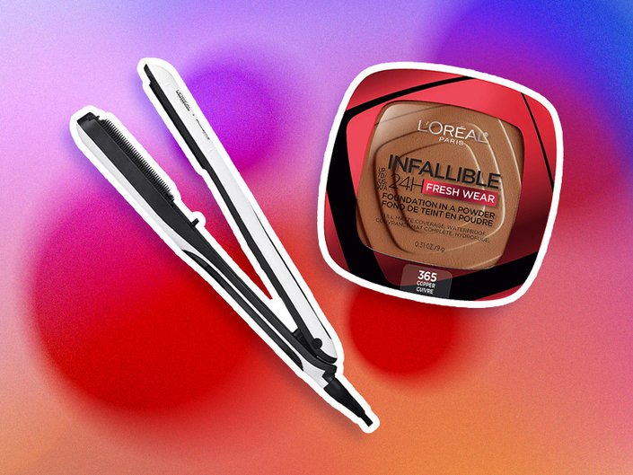 L'Oréal Paris Steampod and Infallible Fresh Wear Foundation in a Powder on graphic background