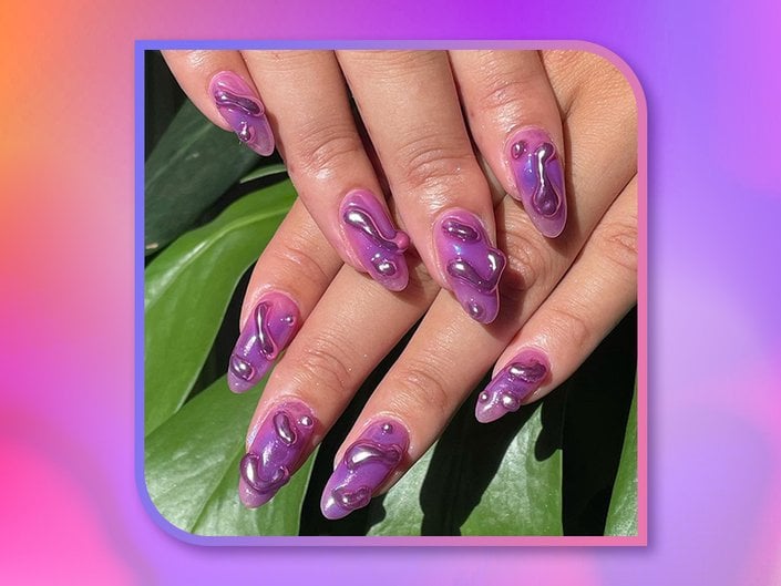 Purple, pink and orange tie-dye collage with a photo of hands with a purple textured chrome manicure