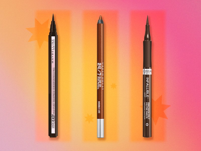 Maybelline New York Hyper Easy Liquid Eyeliner, Urban Decay 24/7 Glide-On Eye Pencil and L’Oréal Paris Infallible Grip Precision Felt Liquid Eyeliner on pink and orange graphic background 