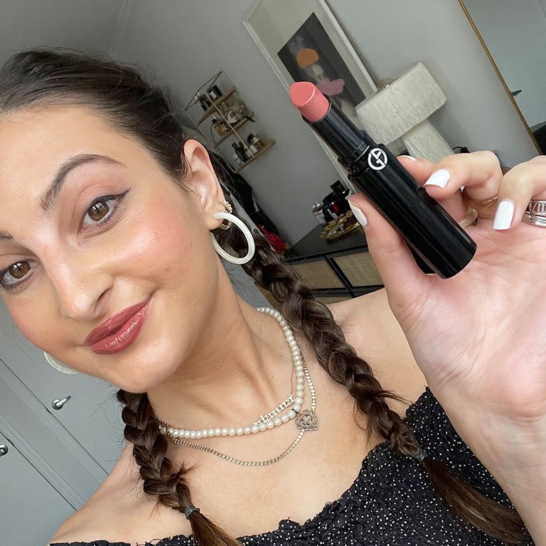 Alanna wearing Giorgio Armani Beauty Lip Power Longwear Satin Lipstick in 203 Mystery