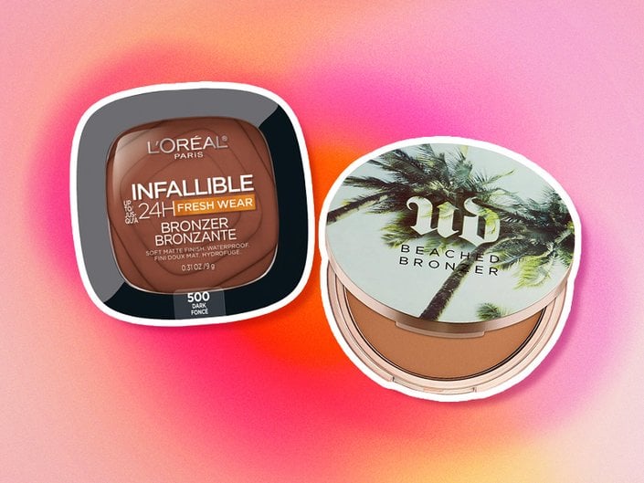 L’Oréal Paris Infallible Up to 24H Fresh Wear Bronzer and Urban Decay Beached Bronzer on pink and orange graphic background