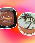 L’Oréal Paris Infallible Up to 24H Fresh Wear Bronzer and Urban Decay Beached Bronzer on pink and orange graphic background 