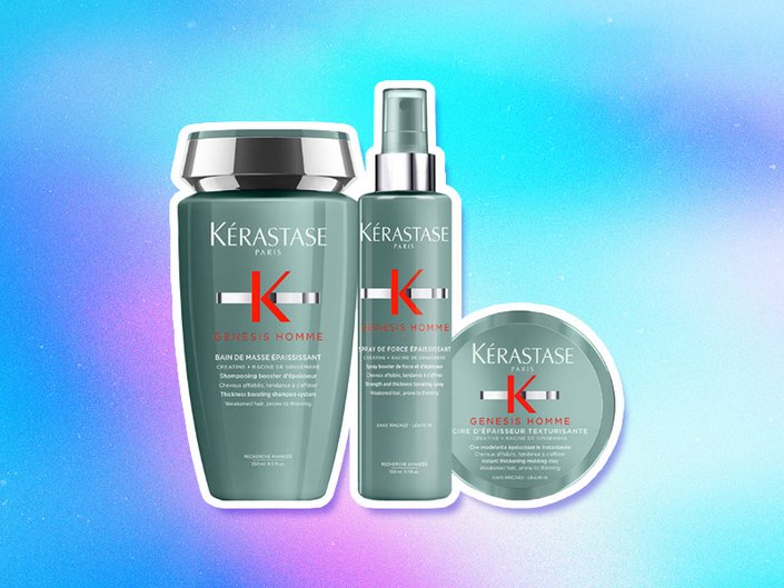 Kérastase Genesis Homme Thickening Hair Care Set for Men on graphic blue and purple background