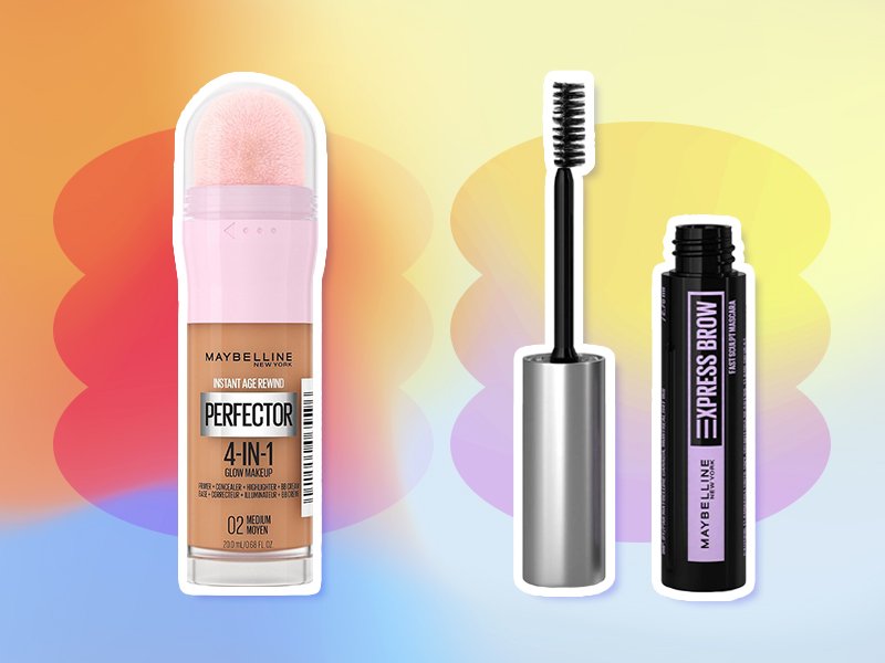Maybelline New York Instant Age Rewind Instant Perfector 4-in-1 Glow Makeup and Maybelline New York Express Brow Fast Sculpt Gel Brow Mascara on graphic rainbow background