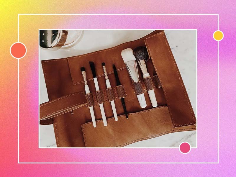 brown leather makeup brush roll