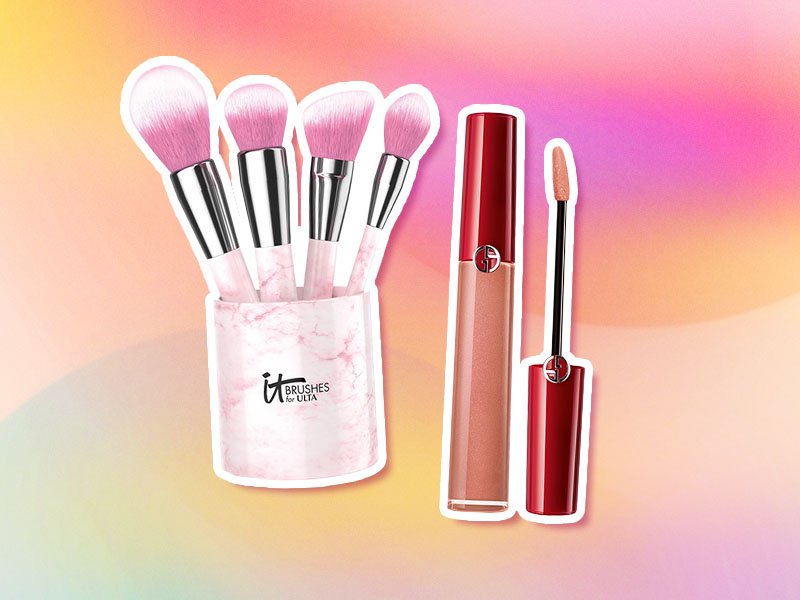 IT Cosmetics Rose Marble Complexion Makeup Brush Set and Giorgio Armani Beauty Lip Maestro Mediterranea Liquid Lipstick on a colorful background 
