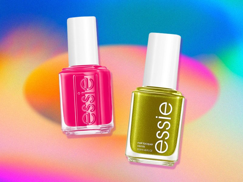 Essie Isle See You Later and Essie Tropic Low on multicolored graphic background 