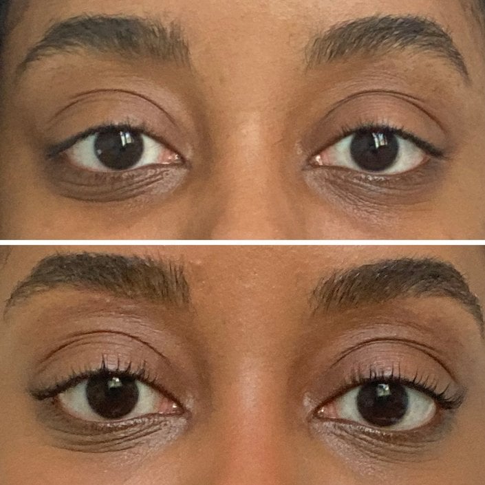close up on eyes before and after lash lift