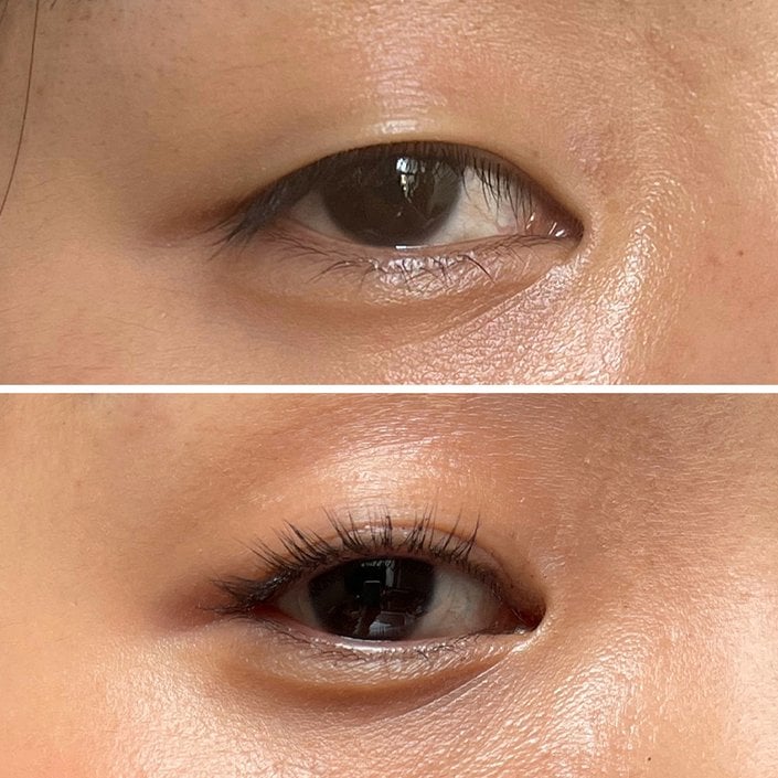 close up on eyes before and after lash lift