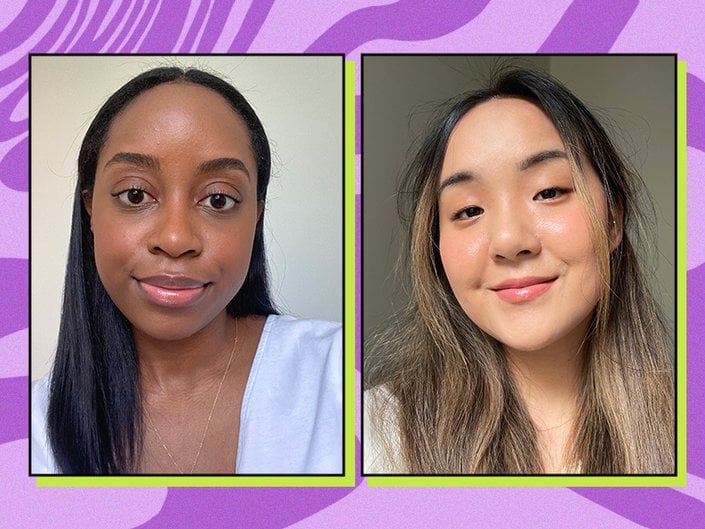 Two people with lash lifts on graphic purple background