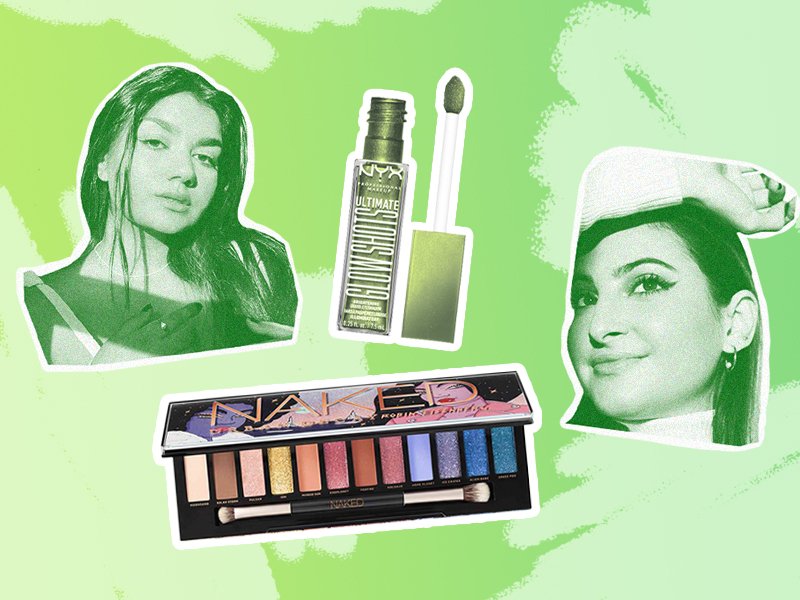 editor photos collaged on a green background with makeup products including a palette and glitter eyeshadow