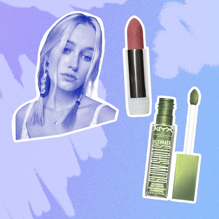 nyx glitter eyeshadow tube, nude lipstick
