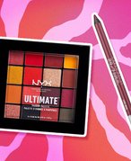 image of NYX professional makeup ultimate eyeshadow palette and urban decay gel eyeliner on pink animal stripe background