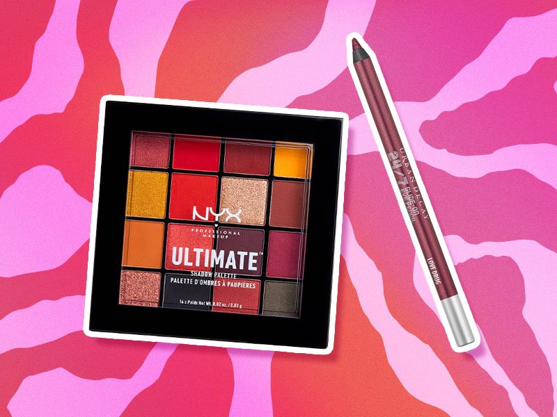 image of NYX professional makeup ultimate eyeshadow palette and urban decay gel eyeliner on pink animal stripe background