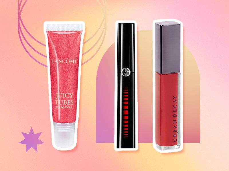 Image of the Lancôme Juicy Tubes, Giorgio Armani Beauty Ecstasy Mirror Lip Gloss and Urban Decay Vice Plumping Shine Balm on a yellow and pink graphic